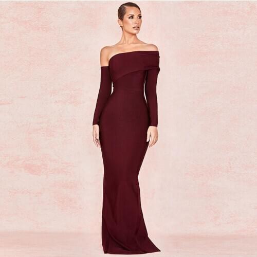 2021 New Bandage Long Dress Women Sexy Off The Shoulder Maxi Dress Long Sleeve Wine Red Evening Party Split Night Club Vestidos