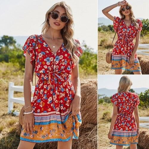 Hot kf-Sexy V-Neck Ruffle Sleeve Holiday Mini Dress Women Floral Print Casual Summer Boho Dress Vintage Dress