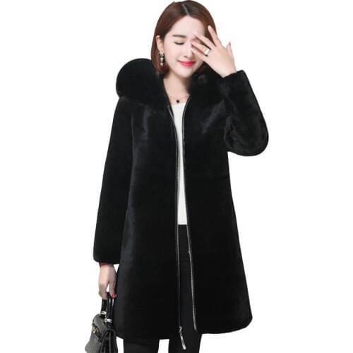 Hooded Large Fur Collar Faux Fur Sheep Shearing Coat Female Medium long Winter Thick Plush Soat Water Mink Hair Pike Coats Women