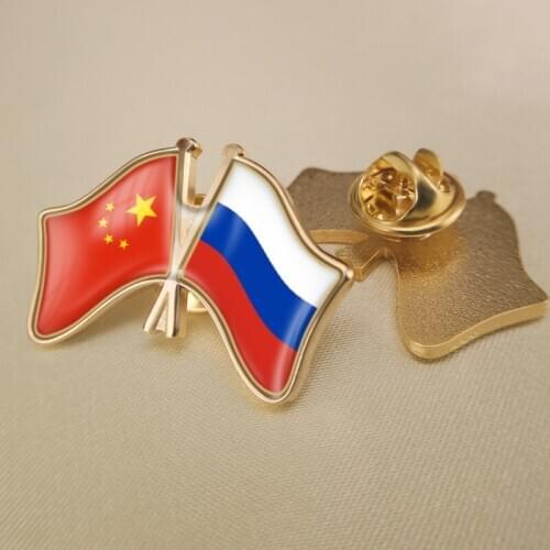 China and Russian Federation Crossed/Double/Friendship Flags Lapel Pins/Brooch/Badges
