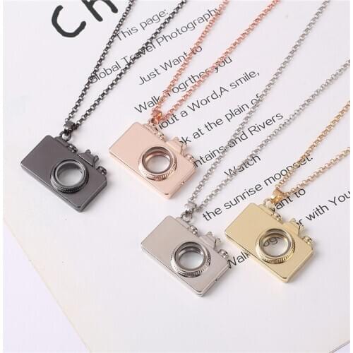 1pcs Camera shape No Rhinestone Magnetic Glass Alloy Lockets Living Memory Floating Charm necklace for Women 60cm chain