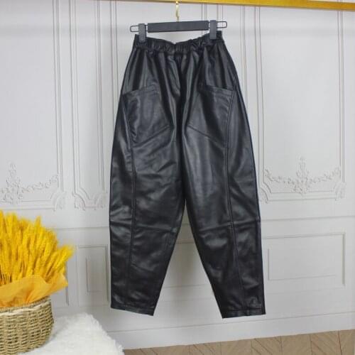 Europe Style Hot Fashion Casual leather Pants Chic Womens High Quality Sheepskin Genuine leather High-rise Harem Pants B765