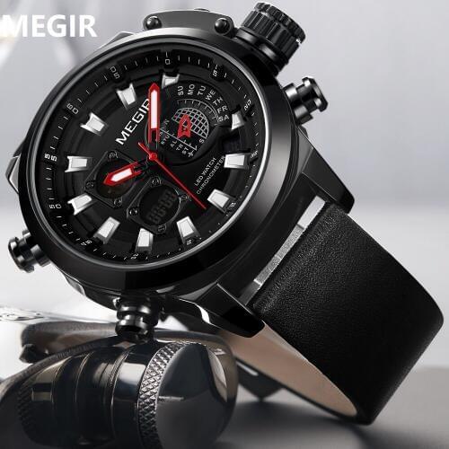 Top Brand MEGIR Watch Luxury Men Digital LED Quartz Watches Movement Multifunction Waterproof Alarm Leather sports Wrist Watch