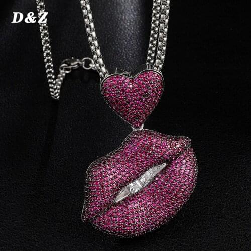 D&Z Iced Out Zircon Stones Purple Lips With Heart Pendant With 4mm Tennis Chain Mens Hip hop Jewelry Jewelry Pendants Necklace