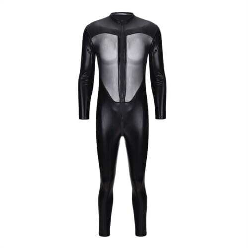 Faux Leather Wet Look Catsuit for Men Mesh Sheer Open Crotch Body Zentai Bodysuit Male Sexy Lingerie Clubwear Plus Size M-3XL