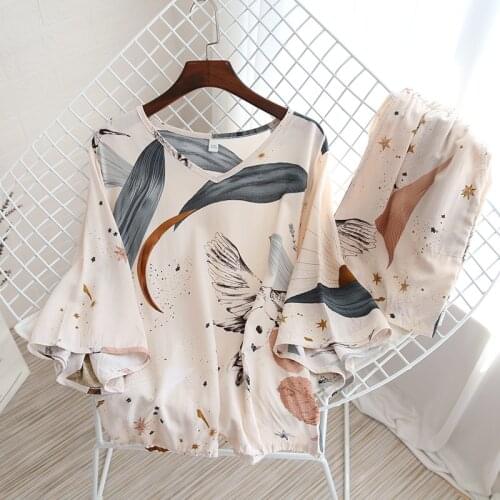 Summer Womens Home Clothes Seven Point Sleeve Sleep Tops with Shorts Two-piece Suit for Home Female Sleepwear Pijamas Women