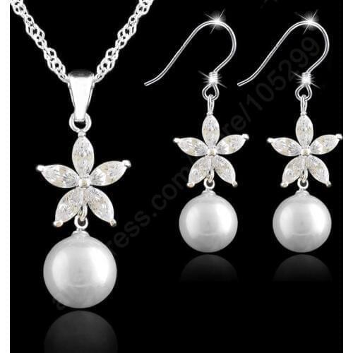 Fine Jewelry Sets 925 Sterling Silver Jewelry White Real Pearl Flower Cubic Zirconia CZ Pendant Necklace Earring Set Woman
