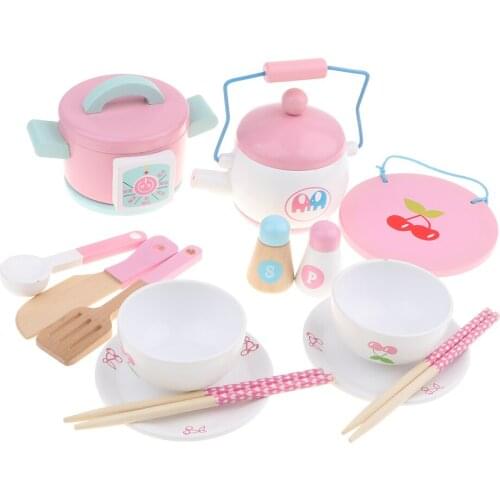 14 pieces Kitchen Wooden Playset - Cooking Utensils Cookware Fun Chef Role Pretend Developmental Toys Girls Boys Gift