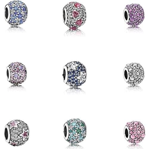 CHAMSS New Fashion Personality 100% True 925 String Heart Pav Pearl Sky Blue Pink Fit DIY Charm Bracelet Authentic Original