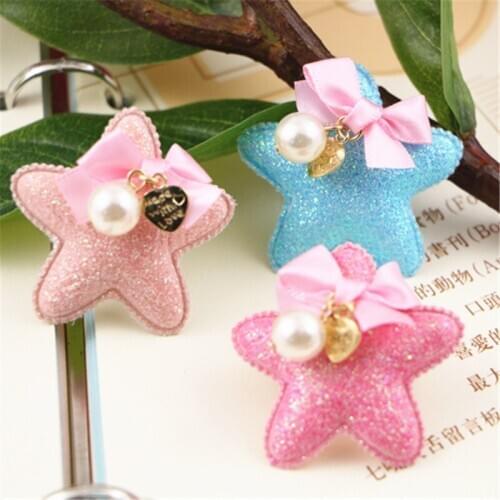 Wholesale Glitter Stars with Round Pearl Charms Decorted Fabric Flatback Button Stickers for Girls hair Jewelry Bow Center DIY