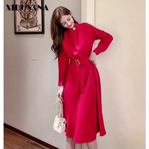 XIBUSANA 2020 Autumn Winter Lace Up High Waist Pullover Dress Womens Bottons Solid Long Sleeve Vintage Mid-Calf Dresses Female