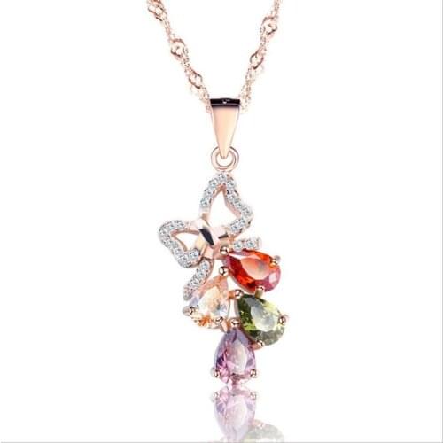 Bright Crystal Flower Bowknot Butterfly Pendant Necklace Women Jewelry Trendy Silver Plated Girls Choker Necklaces Rose Gold