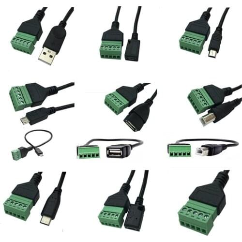 USB 2.0 A Male type-c mini usb micro usb Plug to 5 Pin/Way Female Bolt Screw Shield terminals Pluggable Type Adapter 0.3m/30cm