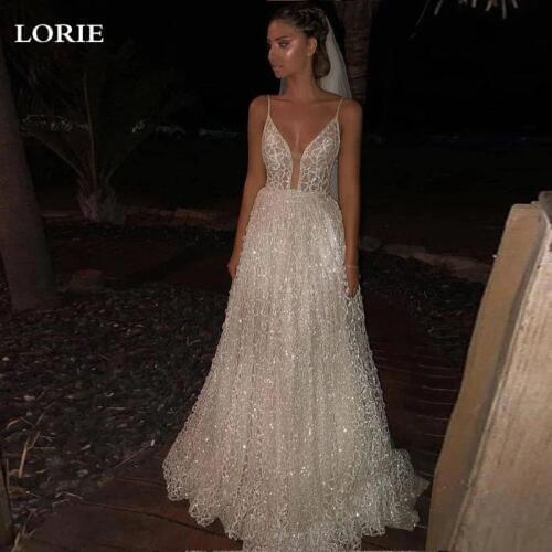 LORIE A Line Princess Wedding Dresses Sexy Spaghetti Strap Glitter Tulle Bridal Gowns vestidos de novia Custom Made