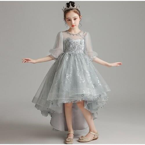 Flower Girl Dresses Crystal Three Quarter Pearls O-Neck Gray Princess Knee-Length Tulle Embroidery Sequined Kids Party Gown H308