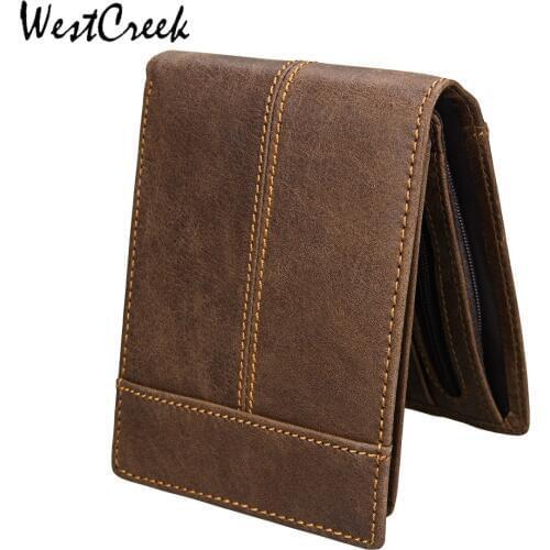 WESTCREEK Brand Genuine Leather Men Retro Casual Short Wallets Crazy Horse Leather Minimalist Purses with Zipper Coin Pocket