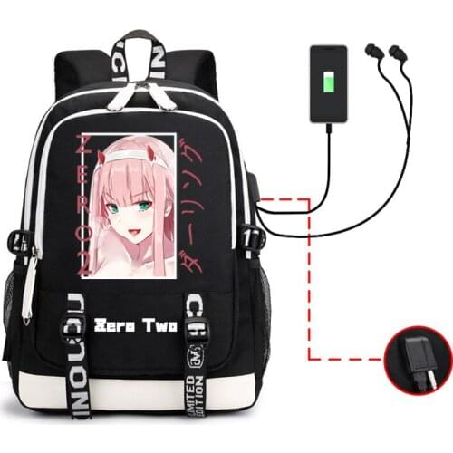 Darling In The Franxx Backpack Anime Print Zero Two USB Black Computer Unisex Travel Student School Bookbag Casual Shoulder Bags