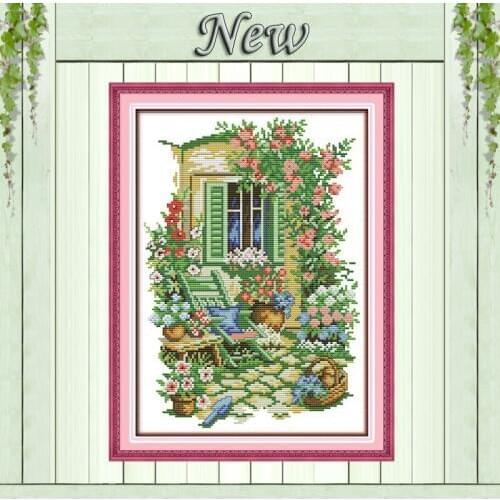 Garden corner Scenery,11CT printed on canvas DMC 14CT Cross Stitch kit,embroidery needlework Sets,Flower House Scenic Home Decor