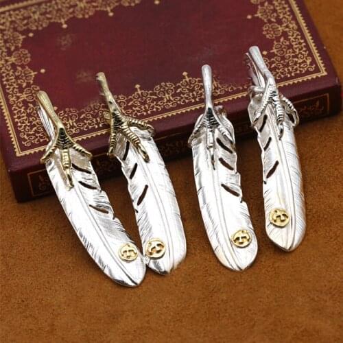 S925 Sterling Silver Jewelry Retro Thai Silver Men and Women Feather Pendant Sweater Chain Pendant