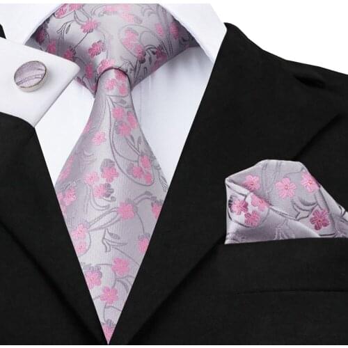 SN-1049 Gray Pink Floral Tie Hanky Cufflinks Sets Mens 100% Silk Ties for men Formal Wedding Party Groom