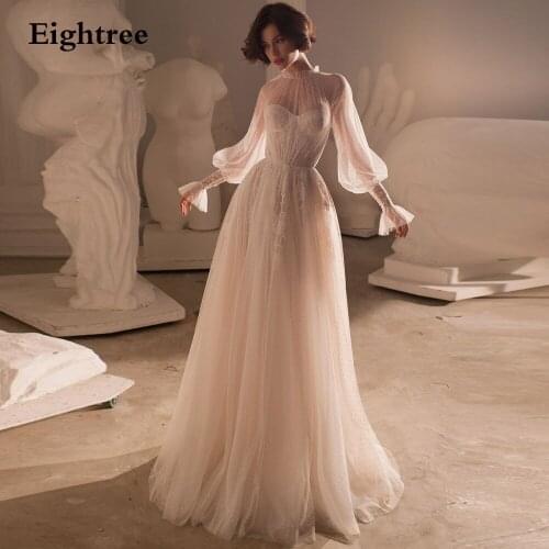 Thinyfull Elegant Lace Flower High Neck Long Wedding Dresses 2021 Long Sleeves A Line Beach Wedding Party Gowns Princess Robes