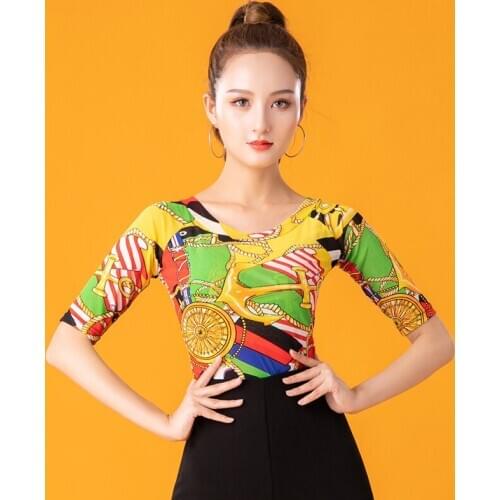 Latin Dance Tops For Women Adult Half Sleeve Colorful Practice Shirt Rumba Dance Clothes Samba Dancewear Tango Costumes DQL3789