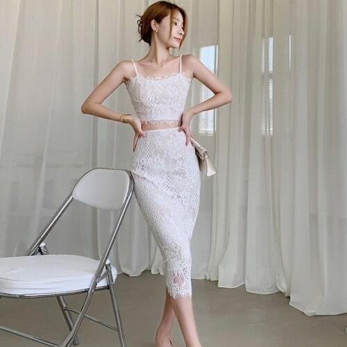 Vintage Crop Strap Sleeveless Short Shirt Blouse Top Sexy Women Elegant Casual Lace High Waist Midi Skirt Party 2 Pieces Set