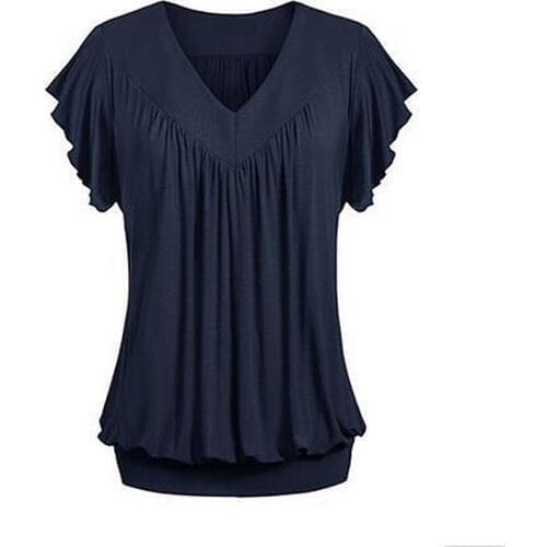 Summer Cotton Womens T-Shirt V-Neck Short Sleeve Pullover Folds Solid Loose Plus Size Fashion Streetwear T-Shirt