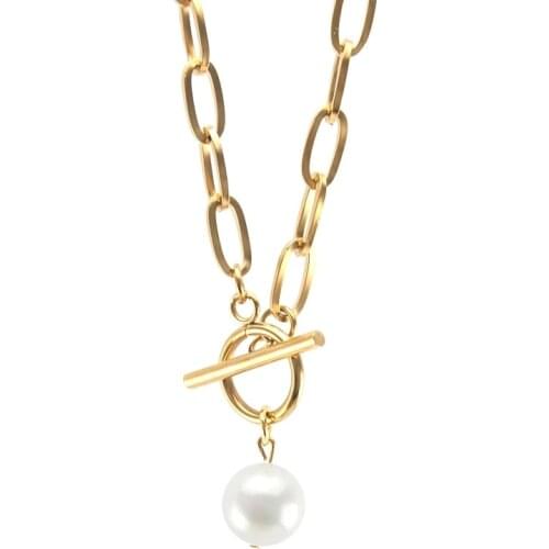 Natural Shell Pearl Toggle Necklace For Women Chunky Chain Necklace Stainless Steel Heavy Duty Chain Choker Collier Collar