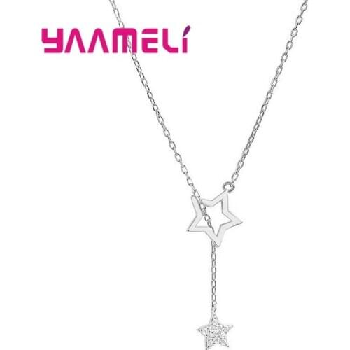 New Fashion Trend 925 Sterling Silver Two Stars Strand Charm Necklace Unique Women Girls Crystal Wedding Enagement Neck Jewelry