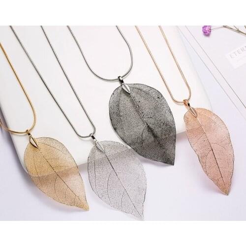 Natural Real Leaf Women Necklace Sweater Chain Fashion Statement Gold Color Pendant Girls Party Jewelry Gifts Accessories Trendy