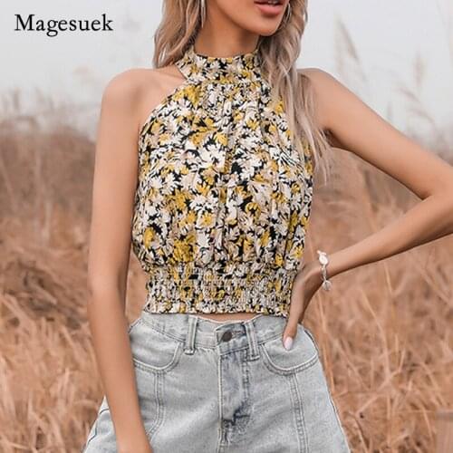 2021 Print Floral Off Shoulder O-neck Shirt for Women Summer New Women Short Tops Casual Elegant Sleeveless Shirt Blusa 14984