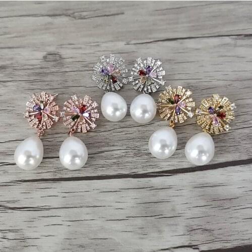 4Pairs Fashion micro pave Crystal CZ flower shape shell beads dangle earrings for women jewelry Xmas gift ER1118