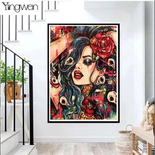 5D Diy Diamond Painting Square Round Flower Skull Tattoo Girl Handmade Diamond Embroidery Rhinestone Halloween Home Art Gift