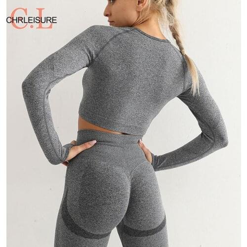 CHRLEISURE Seamless Women Set For Gym 2 Pieces Set Long Sleeve Top High Waist Leggings Clothes Workout Sport Suit Sexy