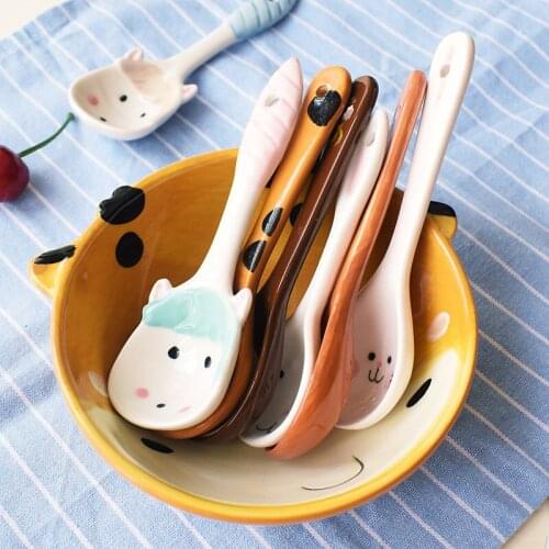 Japanese style childrens ceramic personality cartoon animal drink creative household mixing spoon tableware kitchen accessories