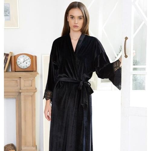 Long Solid Velvet Robe for women Bridal Robe Bridesmaid Robes Lace Trim velvet kimono robe Wedding Robe black velvet winterrobe