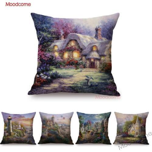 Home Decorative Oil Painting Beautiful Scenery Lighthouse Countryside View Wonderland Oil Painting Sofa Cushion Cover Pillowcase