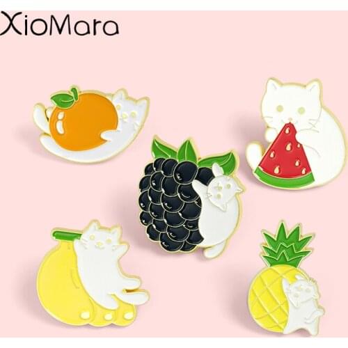Cat & Fruit Enamel Pins Orange Grape Watermelon Banana Pineapple Brooches Badges Clothes Bag Cute Pins Jewelry Gift for Friends