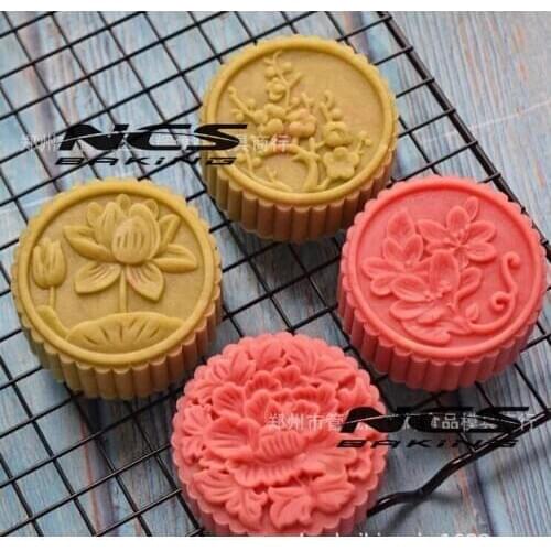 100g round shape Chinese flower design Mooncake mung bean cake Molds mould with 4 Stamps plastic hand pressure , 50sets/lot