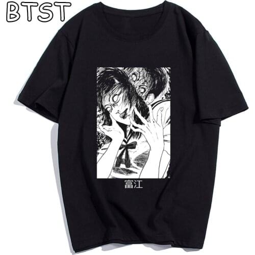 Men Clothes 2019 Junji Ito Print Mans T-shirt Harajuku Short Streetwear Aesthetic Clothes Anime Shirt Cotton 90s Black Tshirt