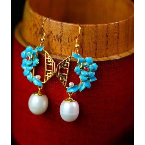 Natural Hetian Jade Enamel Pearl Earrings S925 Sterling Silver Blue Hollow Earrings Fashion Simple Elegant Accessories Women