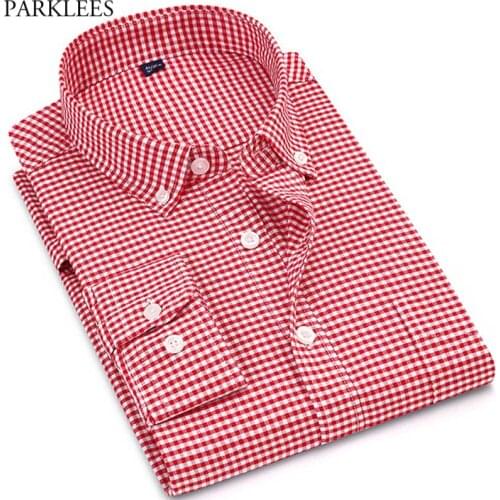 Classic Red Plaid Oxford Shirt Men 2021 Spring New Slim Fit Long Sleeve Checked Shirts Men Cotton Casual Button Down Chemise 4XL