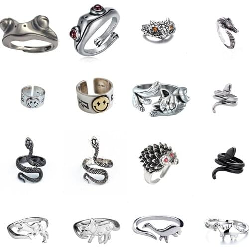 Ring for Women Men Jewelry Charm Vintage Design Animal Snake Crocodile Smiley Rings Punk Ancient Silver Color Boho Hip Hop Frog