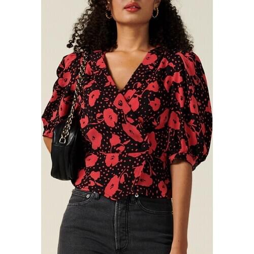 Summer Blouse Women Lapel V Neck Buttoned Waist Elegant Wrap Blouses 1/2 Puff Sleeve Vintage Floral Print Blouse Tops Clothes