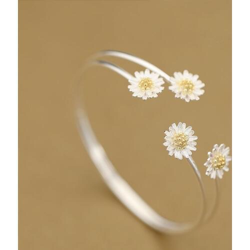 Daisies New Pure 925 Sterling Silver Daisy Flower Bangles Fashion Jewelry Women Cuff Bangles & Bracelets Women Accessories