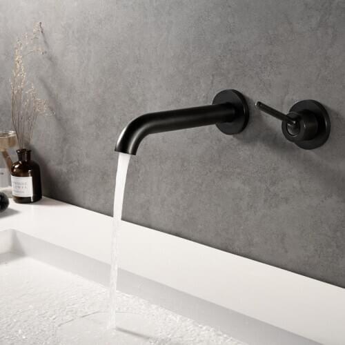 Matte Black Brass Wall Mounted Basin Faucet Single Handle Bathroom Mixer Tap Hot Cold Sink Faucet Rotation Spout