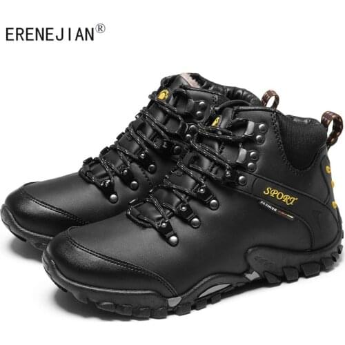 ERENEJIAN Mens Winter Warm Outdoor Ankle Boots Non Slip Leather Shoes Male Fleece Lined Thick Thermal Hiking Climbing Footwear