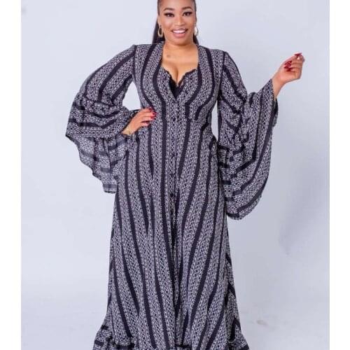 Autumn African Dresses for Women 2021 New African Women Long Sleeve V-neck Printing Plus Size Long Dress African Clothes Women