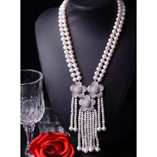 2rows Freshwater Pearl White round 7-8mm necklace wholesale for women xmas gift +zircon flower pendant